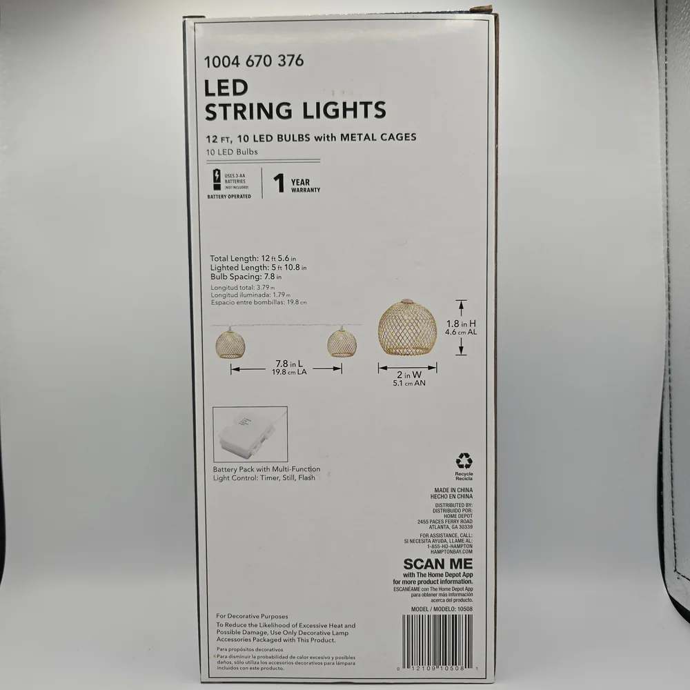 Hampton Bay Indoor/Patio/Porch 12' Battery Oper Metal 10-Light LED String Lights